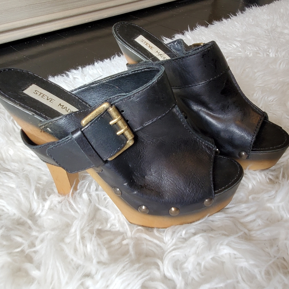 STEVE MADDEN |Womens slip on platform peep toe heels black and wood|Size 7.5